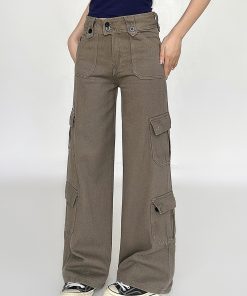 American Vintage Multi-Pocket Casual Pants for Women - Summer Street Style Black Slim Straight Leg Trousers