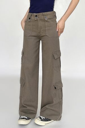 American Vintage Multi-Pocket Casual Pants for Women - Summer Street Style Black Slim Straight Leg Trousers