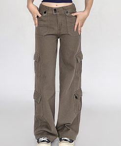 American Vintage Multi-Pocket Casual Pants for Women - Summer Street Style Black Slim Straight Leg Trousers