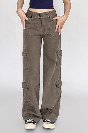 American Vintage Multi-Pocket Casual Pants for Women - Summer Street Style Black Slim Straight Leg Trousers