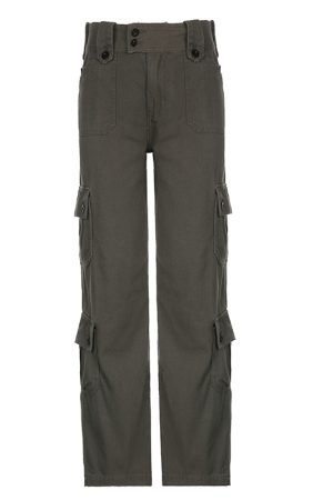 American Vintage Multi-Pocket Casual Pants for Women - Summer Street Style Black Slim Straight Leg Trousers