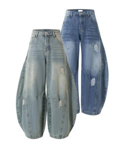 American Vintage Ripped Wide-Leg Jeans with Double Side Seam and Curved Silhouette - Retro 90s Style Denim Trousers