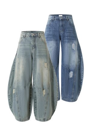 American Vintage Ripped Wide-Leg Jeans with Double Side Seam and Curved Silhouette - Retro 90s Style Denim Trousers