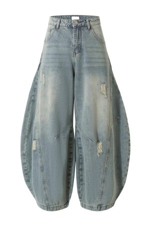 American Vintage Ripped Wide-Leg Jeans with Double Side Seam and Curved Silhouette - Retro 90s Style Denim Trousers