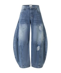 American Vintage Ripped Wide-Leg Jeans with Double Side Seam and Curved Silhouette - Retro 90s Style Denim Trousers