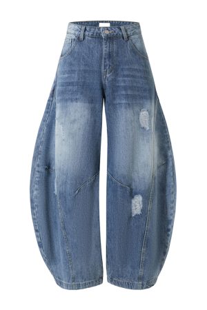 American Vintage Ripped Wide-Leg Jeans with Double Side Seam and Curved Silhouette - Retro 90s Style Denim Trousers