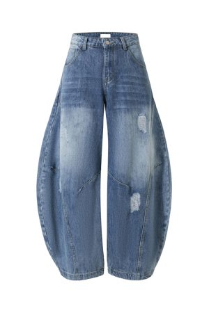 American Vintage Ripped Wide-Leg Jeans with Double Side Seam and Curved Silhouette - Retro 90s Style Denim Trousers