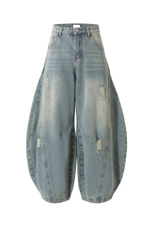 American Vintage Ripped Wide-Leg Jeans with Double Side Seam and Curved Silhouette - Retro 90s Style Denim Trousers
