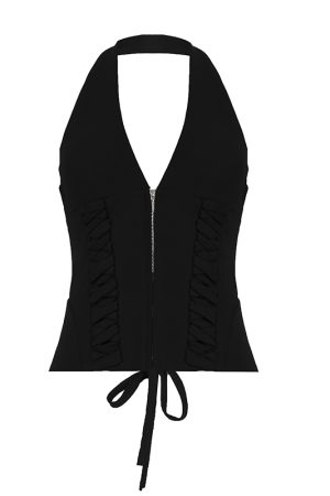 American Vintage Solid Color Tie Low-Cut V-Neck Halter Top - Summer Street Style Backless Waist-Defining Fashion