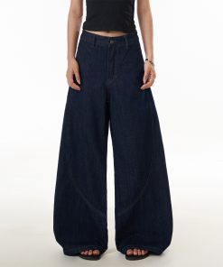 American Vintage Washed Curved Blade Jeans for Women - Street Style Wide-Leg Loose Casual Pants - 90s Inspired Fashion