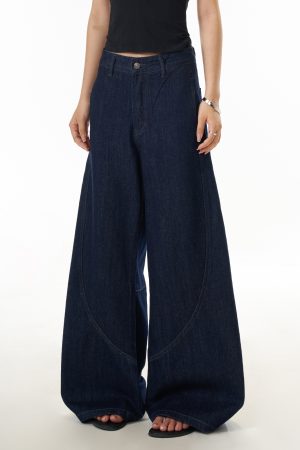 American Vintage Washed Curved Blade Jeans for Women - Street Style Wide-Leg Loose Casual Pants - 90s Inspired Fashion