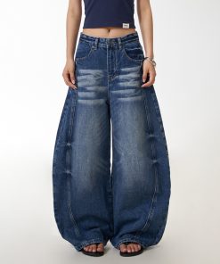 American Vintage Washed Loose-Fit Wide-Leg Jeans for Women, Curved Blade Design, Draping Slimming Straight Pants, Y2K Fashion