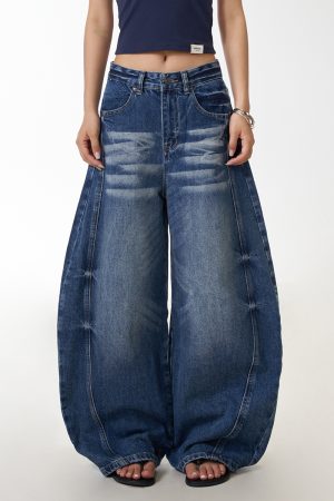 American Vintage Washed Loose-Fit Wide-Leg Jeans for Women, Curved Blade Design, Draping Slimming Straight Pants, Y2K Fashion