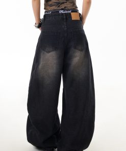 American Vintage Washed Loose-Fit Wide-Leg Jeans for Women, Curved Blade Design, Draping Slimming Straight Pants, Y2K Fashion