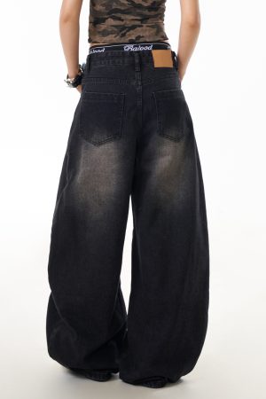 American Vintage Washed Loose-Fit Wide-Leg Jeans for Women, Curved Blade Design, Draping Slimming Straight Pants, Y2K Fashion
