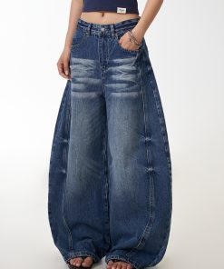 American Vintage Washed Loose-Fit Wide-Leg Jeans for Women, Curved Blade Design, Draping Slimming Straight Pants, Y2K Fashion