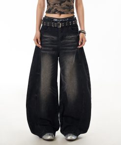 American Vintage Washed Loose-Fit Wide-Leg Jeans for Women, Curved Blade Design, Draping Slimming Straight Pants, Y2K Fashion