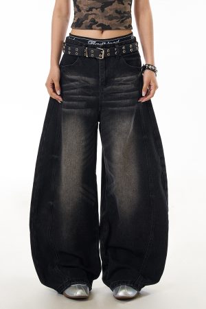 American Vintage Washed Loose-Fit Wide-Leg Jeans for Women, Curved Blade Design, Draping Slimming Straight Pants, Y2K Fashion