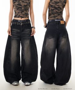 American Vintage Washed Loose-Fit Wide-Leg Jeans for Women, Curved Blade Design, Draping Slimming Straight Pants, Y2K Fashion