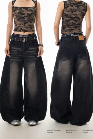 American Vintage Washed Loose-Fit Wide-Leg Jeans for Women, Curved Blade Design, Draping Slimming Straight Pants, Y2K Fashion