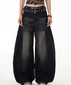 American Vintage Washed Loose-Fit Wide-Leg Jeans for Women, Curved Blade Design, Draping Slimming Straight Pants, Y2K Fashion