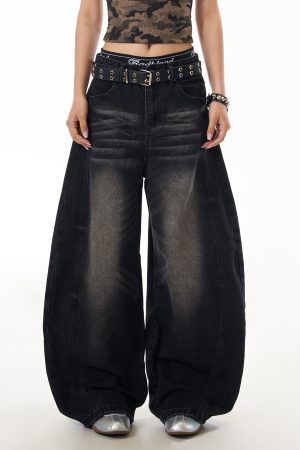 American Vintage Washed Loose-Fit Wide-Leg Jeans for Women, Curved Blade Design, Draping Slimming Straight Pants, Y2K Fashion