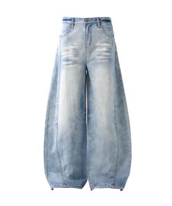 American Vintage Washed Loose-Fit Wide-Leg Jeans for Women, Curved Blade Design, Draping Slimming Straight Pants, Y2K Fashion