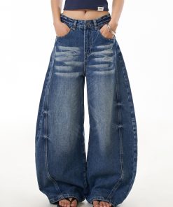 American Vintage Washed Loose-Fit Wide-Leg Jeans for Women, Curved Blade Design, Draping Slimming Straight Pants, Y2K Fashion