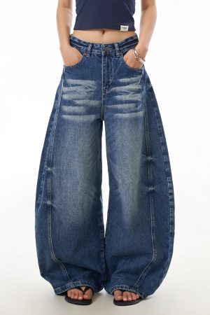 American Vintage Washed Loose-Fit Wide-Leg Jeans for Women, Curved Blade Design, Draping Slimming Straight Pants, Y2K Fashion