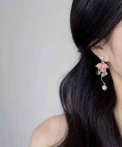 Ancient Style Hanfu Dress with Pink Lily of the Valley Earrings, Elegant Long Ear Clips, Sweet Temperament, Youthful Vibe