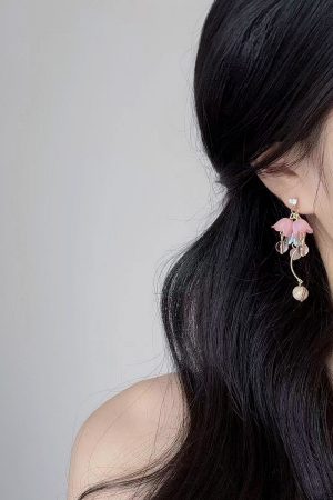 Ancient Style Hanfu Dress with Pink Lily of the Valley Earrings, Elegant Long Ear Clips, Sweet Temperament, Youthful Vibe