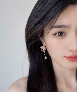 Ancient Style Hanfu Dress with Pink Lily of the Valley Earrings, Elegant Long Ear Clips, Sweet Temperament, Youthful Vibe