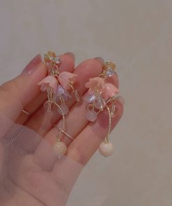 Ancient Style Hanfu Dress with Pink Lily of the Valley Earrings, Elegant Long Ear Clips, Sweet Temperament, Youthful Vibe