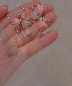 Ancient Style Hanfu Dress with Pink Lily of the Valley Earrings, Elegant Long Ear Clips, Sweet Temperament, Youthful Vibe