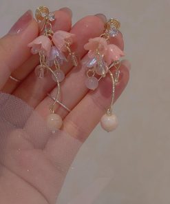 Ancient Style Hanfu Dress with Pink Lily of the Valley Earrings, Elegant Long Ear Clips, Sweet Temperament, Youthful Vibe