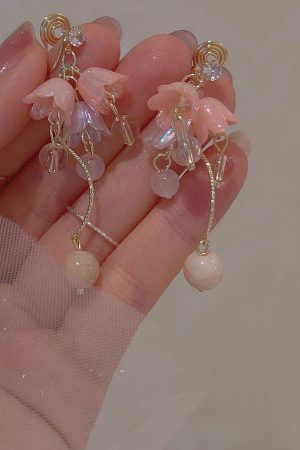 Ancient Style Hanfu Dress with Pink Lily of the Valley Earrings, Elegant Long Ear Clips, Sweet Temperament, Youthful Vibe