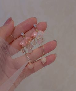 Ancient Style Hanfu Dress with Pink Lily of the Valley Earrings, Elegant Long Ear Clips, Sweet Temperament, Youthful Vibe