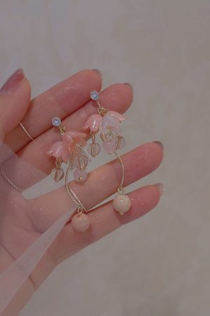 Ancient Style Hanfu Dress with Pink Lily of the Valley Earrings, Elegant Long Ear Clips, Sweet Temperament, Youthful Vibe