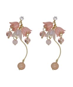 Ancient Style Hanfu Dress with Pink Lily of the Valley Earrings, Elegant Long Ear Clips, Sweet Temperament, Youthful Vibe