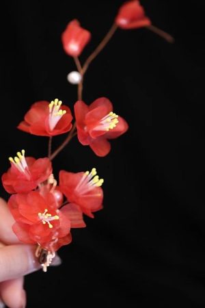 Ancient Style Hanfu Hair Accessories - Winter Red Plum Silk Embossed Flower Clip Hairpin for Tang Ming Bun Decoration