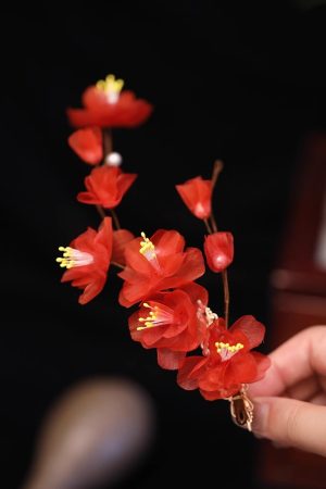 Ancient Style Hanfu Hair Accessories - Winter Red Plum Silk Embossed Flower Clip Hairpin for Tang Ming Bun Decoration