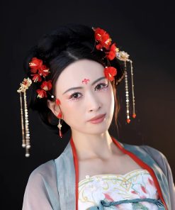 Ancient Style Hanfu Hair Accessories - Winter Red Plum Silk Embossed Flower Clip Hairpin for Tang Ming Bun Decoration