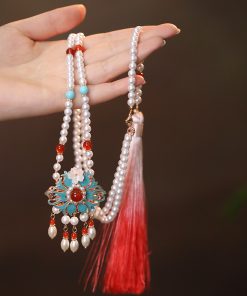 Ancient Style Horse Face Skirt Necklace - Blue Tassel Sweater Chain Qipao Accessory for Autumn Winter Hanfu Chinese Fashion
