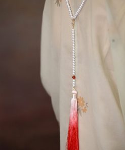 Ancient Style Horse Face Skirt Necklace - Blue Tassel Sweater Chain Qipao Accessory for Autumn Winter Hanfu Chinese Fashion