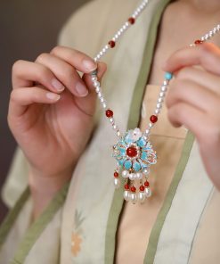 Ancient Style Horse Face Skirt Necklace - Blue Tassel Sweater Chain Qipao Accessory for Autumn Winter Hanfu Chinese Fashion