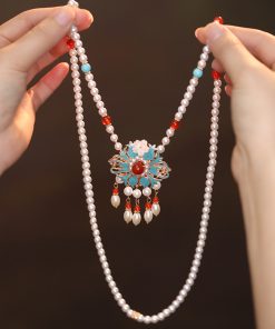 Ancient Style Horse Face Skirt Necklace - Blue Tassel Sweater Chain Qipao Accessory for Autumn Winter Hanfu Chinese Fashion