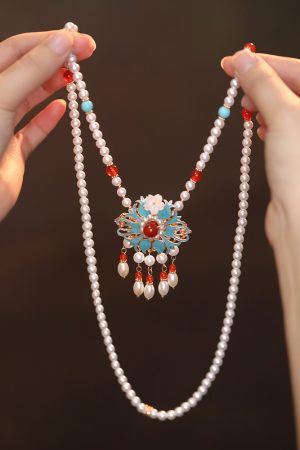 Ancient Style Horse Face Skirt Necklace - Blue Tassel Sweater Chain Qipao Accessory for Autumn Winter Hanfu Chinese Fashion
