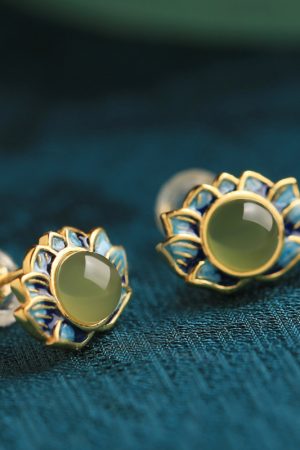 Ancient Style Retro Lotus and Hetian Jade Pure Silver Earrings for Women, Niche Enamel Design, High-Quality Fashion Jewelry