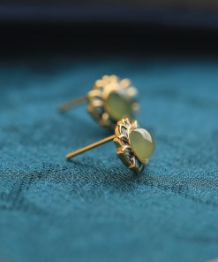 Ancient Style Retro Lotus and Hetian Jade Pure Silver Earrings for Women, Niche Enamel Design, High-Quality Fashion Jewelry