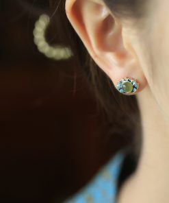 Ancient Style Retro Lotus and Hetian Jade Pure Silver Earrings for Women, Niche Enamel Design, High-Quality Fashion Jewelry
